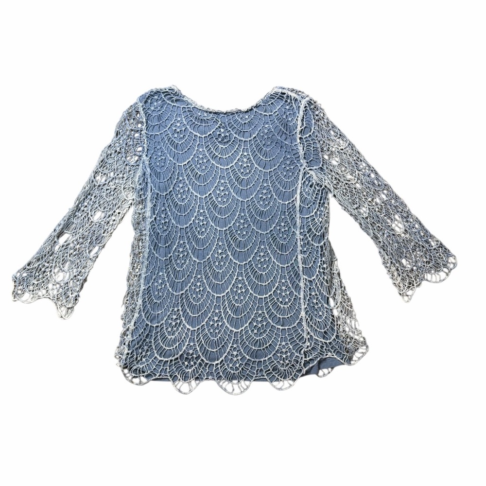 V Cristina Cornflower Blue Lace Crochet Overlay Long Sleeve Blouse - Size Large - Picture 7 of 12